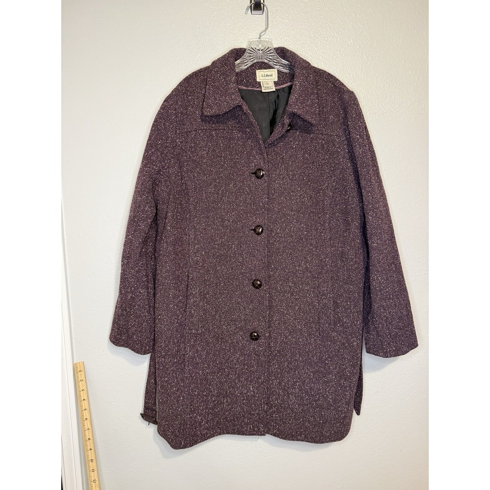 Vintage LL Bean Jacket Coat Women XL Purple Tweed Silk Wool Blend Leather Button